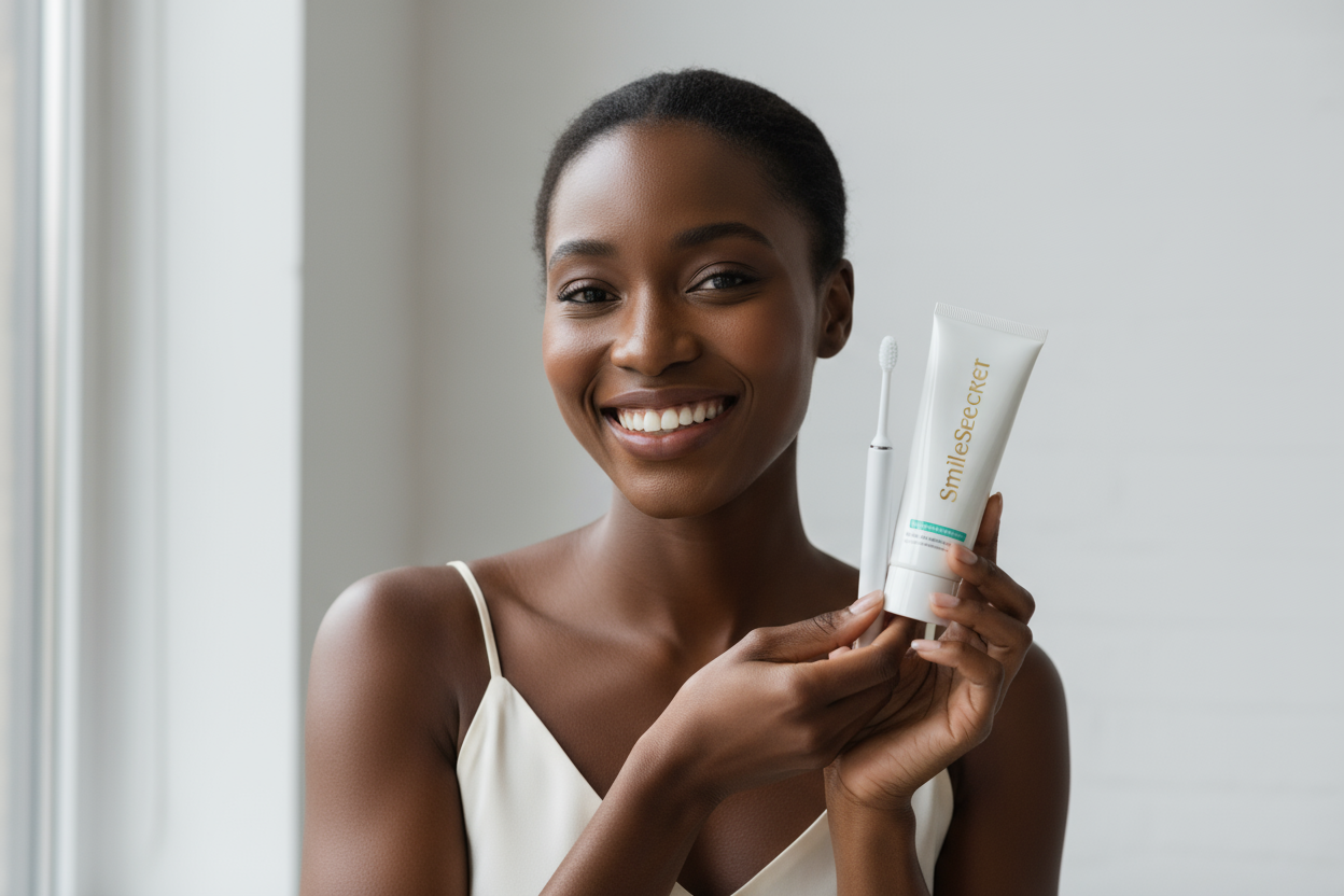 smilesecret produkt presentiert von schöne dunkelhäutige frau