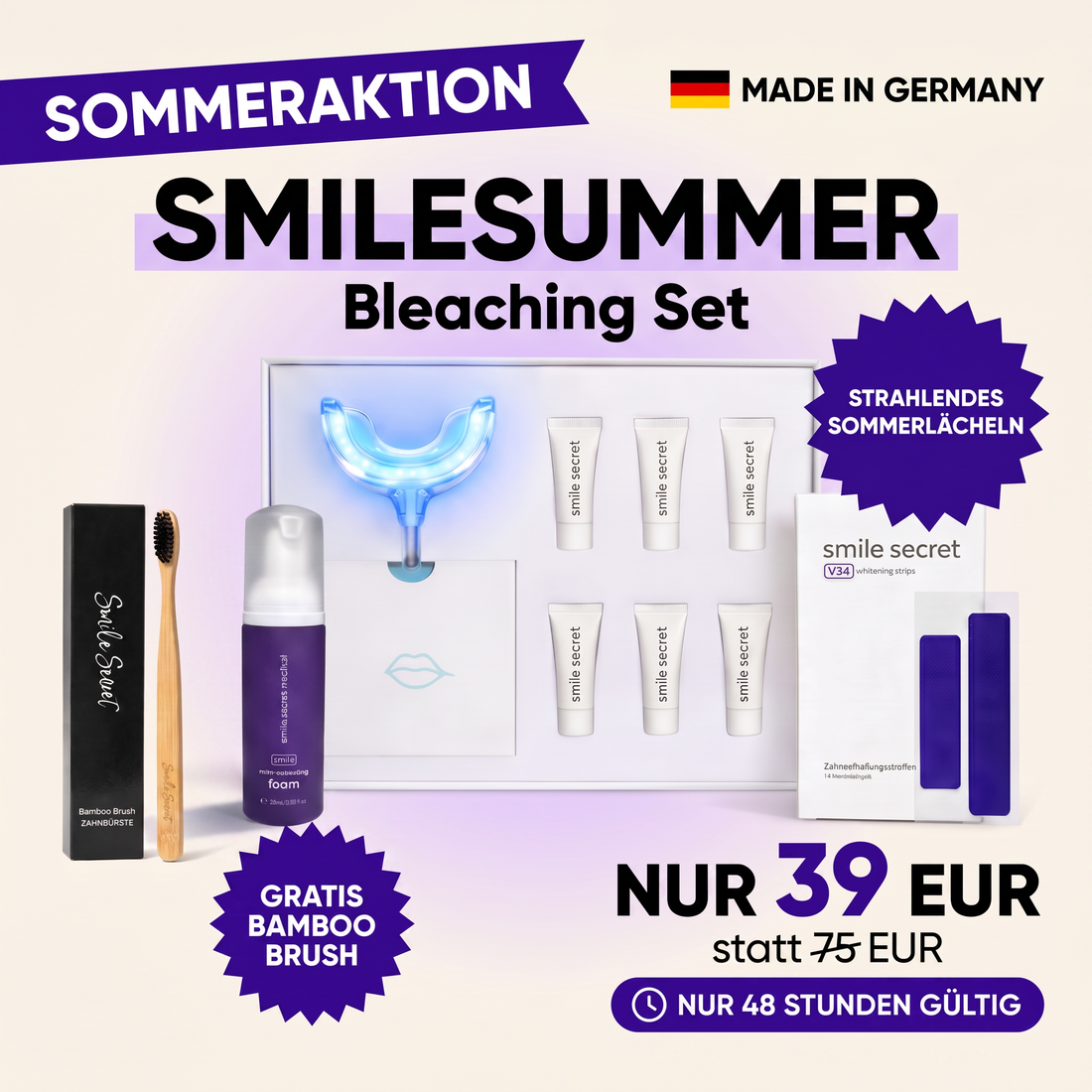 SmileSummer Bundle — weiß in 7 Tagen, und eine Bürste gratis.