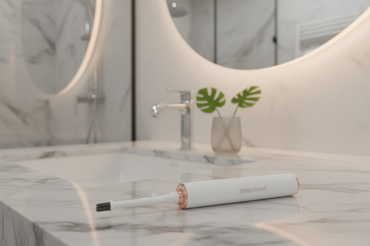 smilesecret Zanhbürste liegt auf toailetenbank in einem hotel